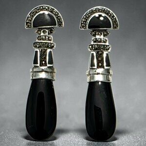 Sterling Silver Black Onyx Dangle Drop Earrings Marcasite Stud 925 ND Norway 2"